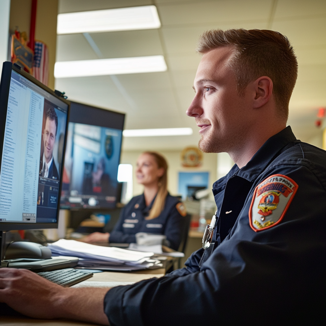 EMS worker looking a computer